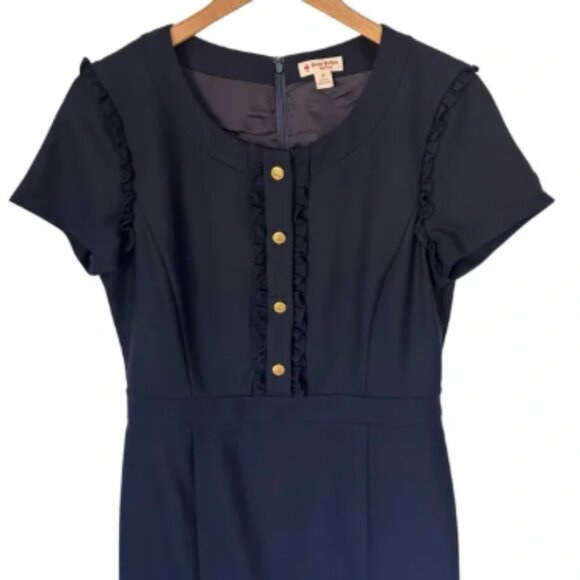 Brooks Brothers Red Fleece Navy Blue Short Sleeve Ruffle Front Dress Size 12 - Picture 1 of 5